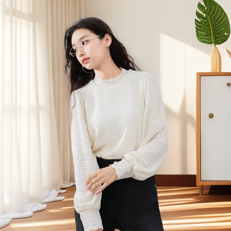女士打底衫常规设计感拼接半高领气质圆领蕾丝修身型