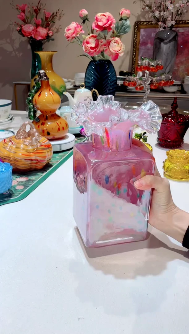 【闪购商品】琉璃手工艺品大号紫粉方糖花瓶