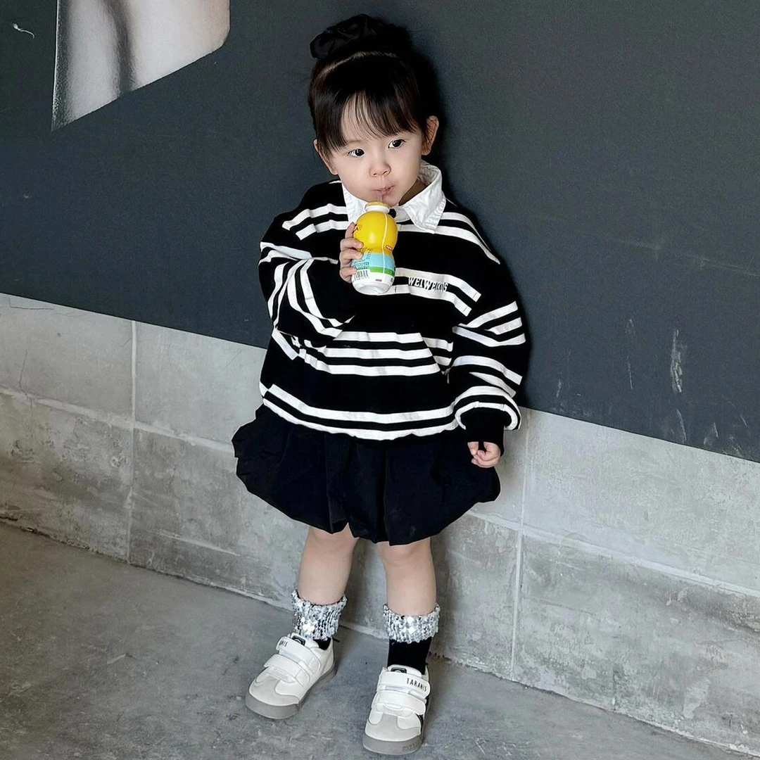 现货2025韩版黑白条纹POLO衫假两件上衣搭黑色半身裙女童套装