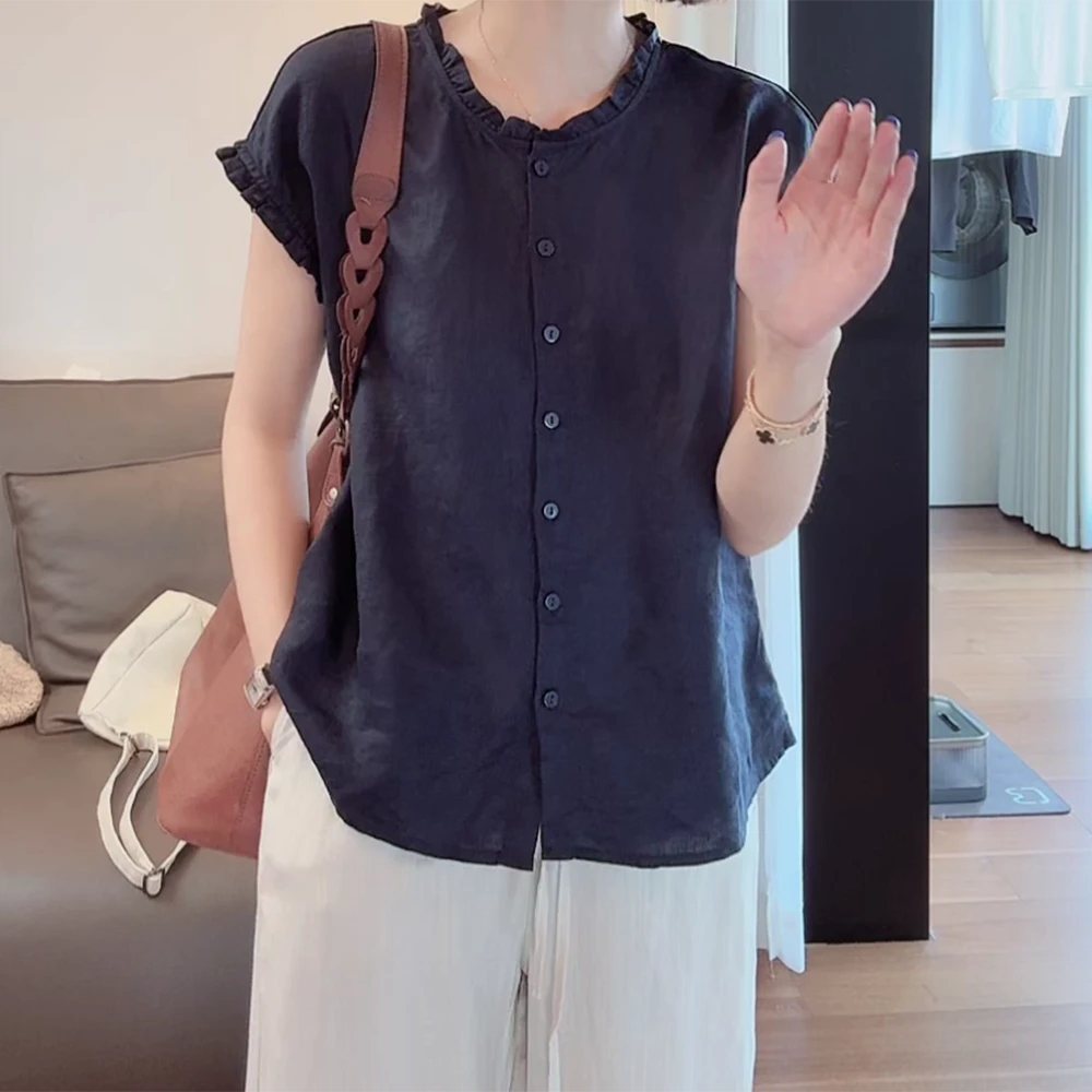 2025新款木耳领纯色飞飞袖衬衫夏季新款时尚百搭休闲女上衣