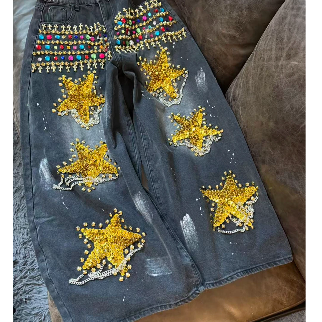 A970 直筒时尚休闲中式中国风民族风重工绣花黑色复古裤子