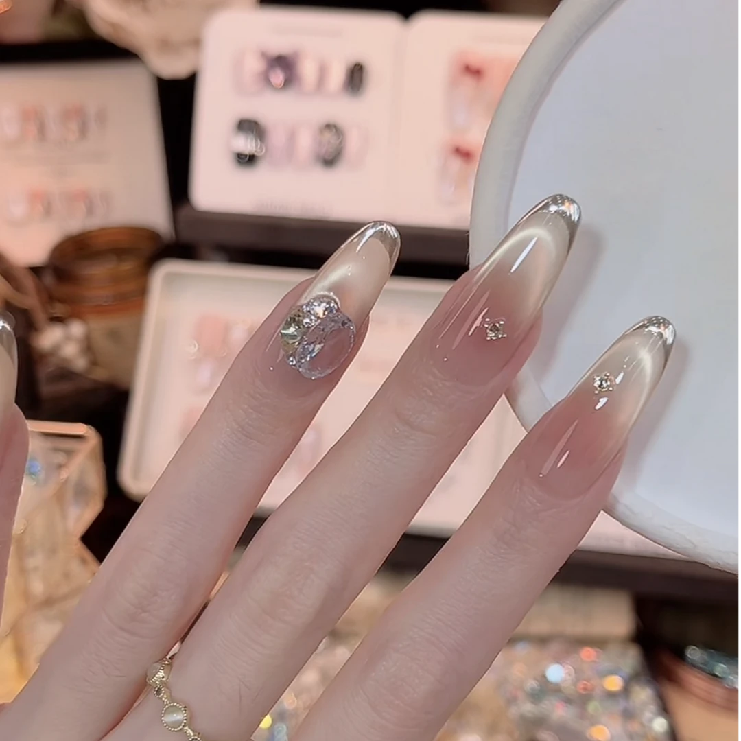 【宁秀秀】纯欲冰透裸色渐变猫眼高级穿戴美甲气质显白纯手工穿戴甲