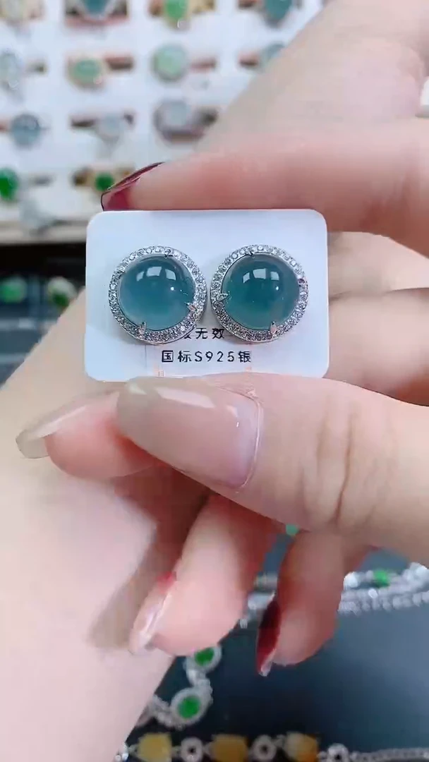 银S925镶嵌翡翠耳饰天然翡翠