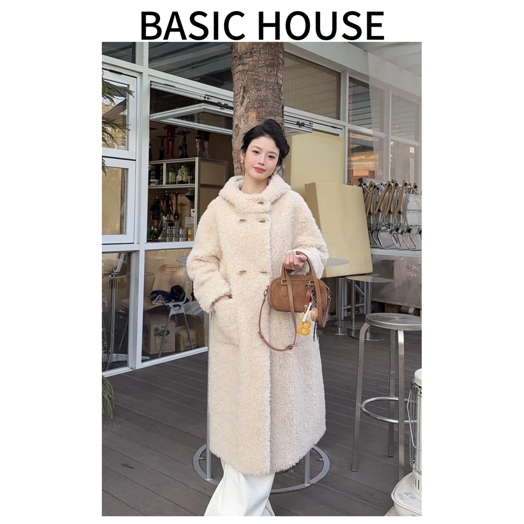 Basic House/百家好新款羊毛冬季外套高端百搭带帽长款大衣女A