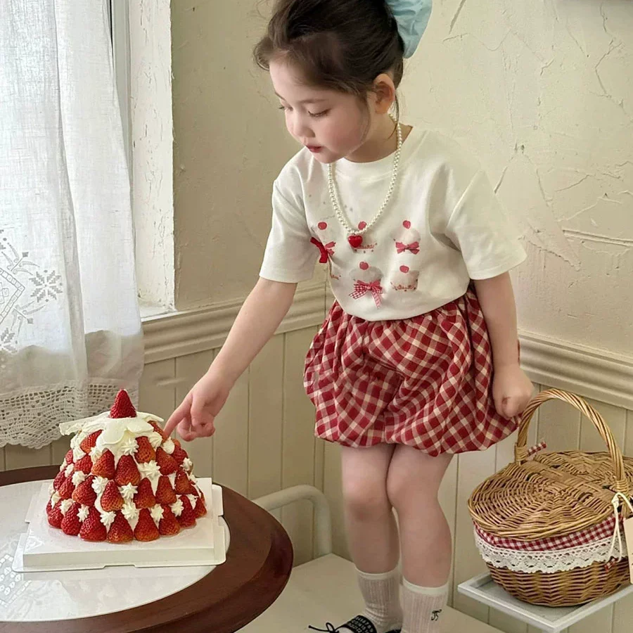 韩国童装女童套装夏装2025新款洋气儿童超好看短袖T恤格子花苞裙