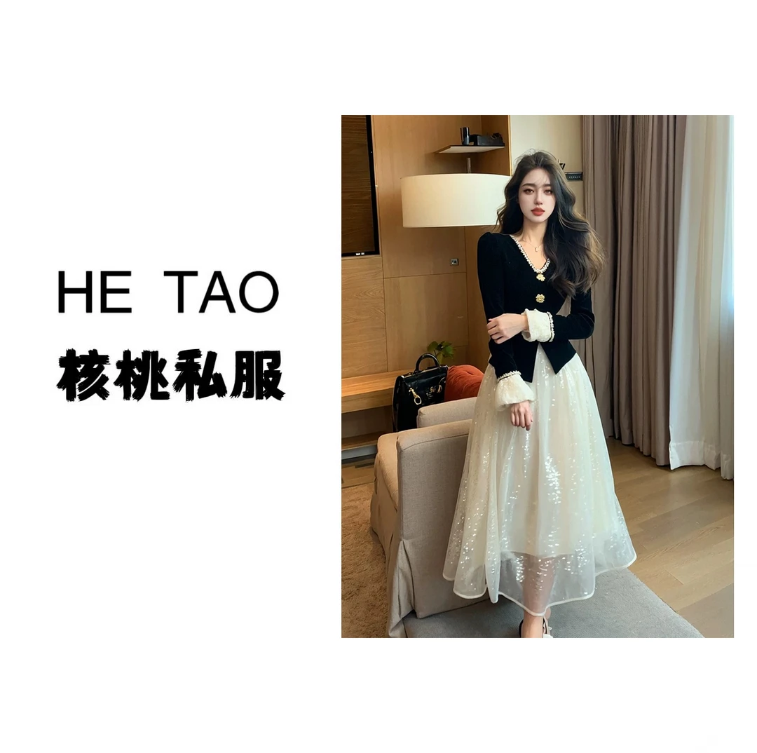 【有里布】2025新款大裙摆拼接时尚收腰高档气质时尚连衣裙D0310