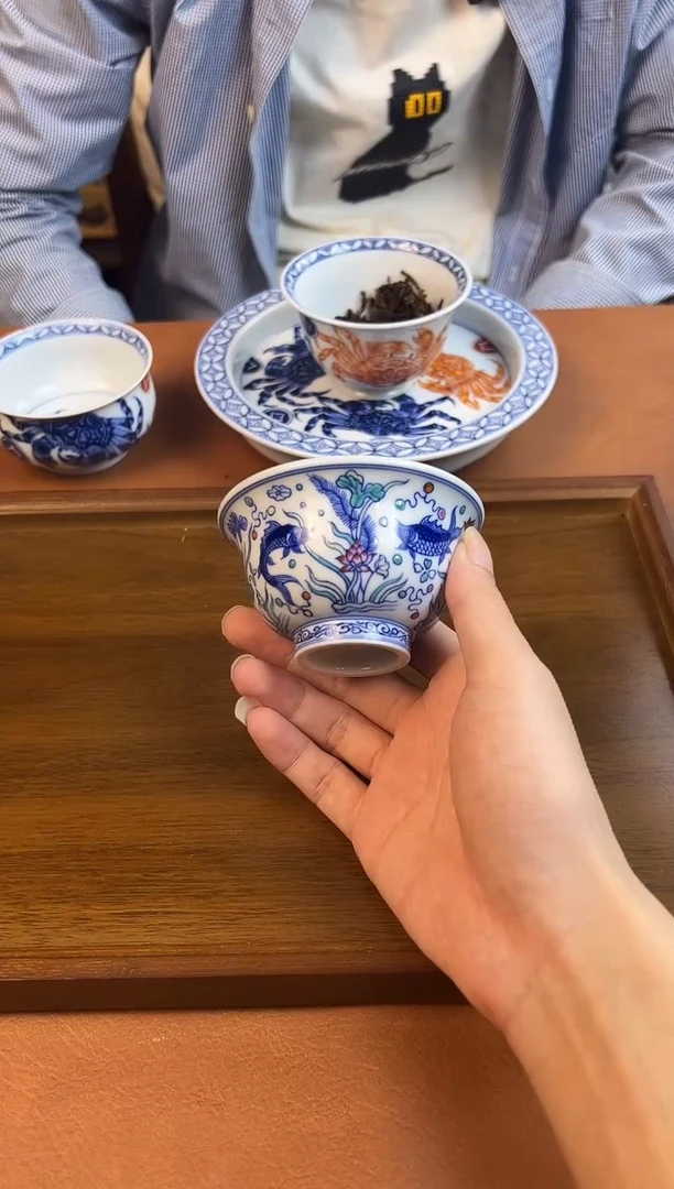 问青坊纯手工手绘斗彩鱼藻柴窑压手杯