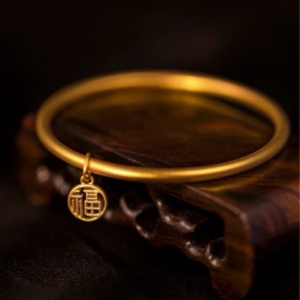 铜合金手镯 【AIOSC饰品】新中式古法磨砂福字牌手镯时尚百搭简约