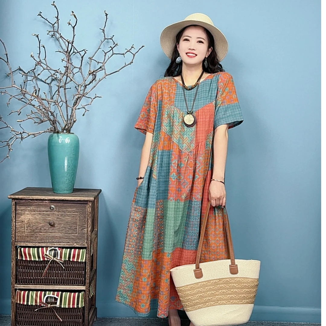 25060夏季新款气质百搭休闲宽松显瘦减龄显白遮肉透气圆领连衣裙