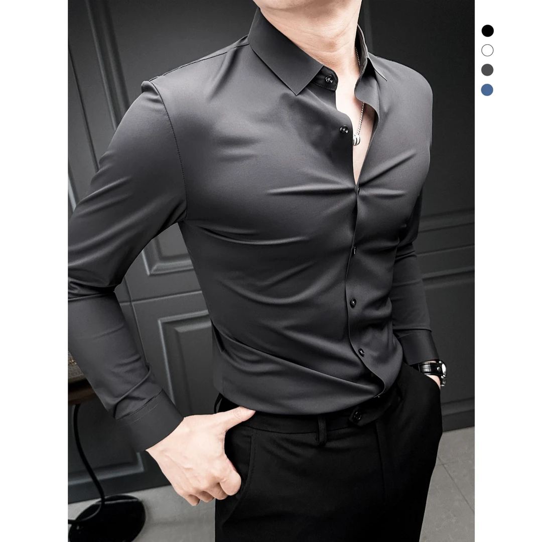商务正装衬衫男款长袖新款轻奢痞帅男装垂感光滑职业纯色男士衬衣