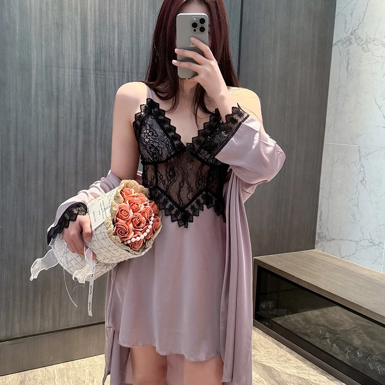 蕾丝大码冰丝睡裙长袖吊带裙夏季性感吊带2025年新款镂空网红薄款