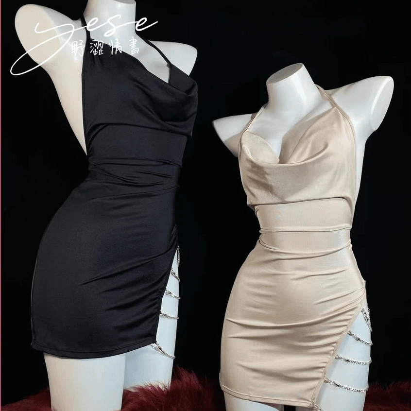 【心动水钻】Yese野涩情书性感纯欲风挂脖褶皱吊带开衩露背睡裙套装