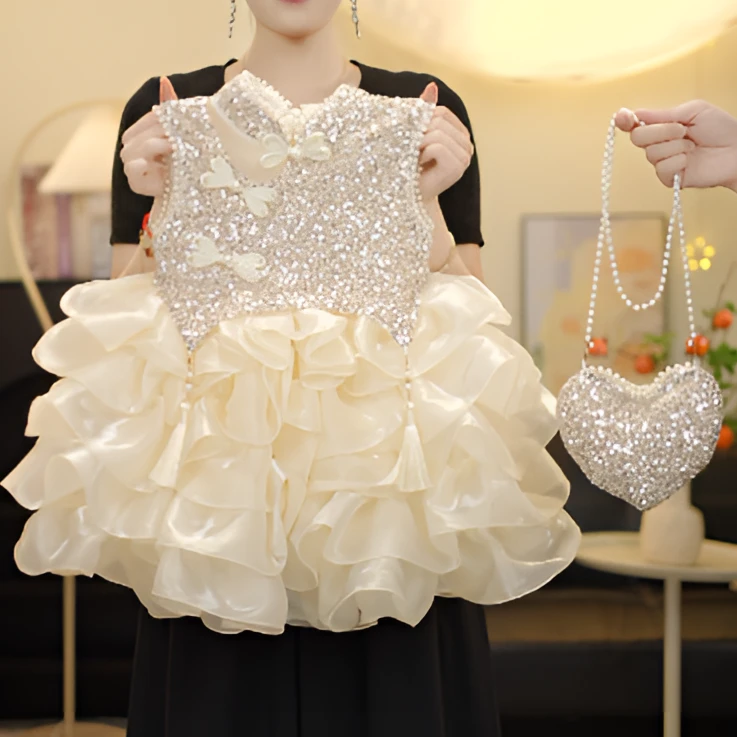 WH【盈之唐梦】女童2025轻奢亮银宴会礼服裙夏季新款立体连衣裙洋气