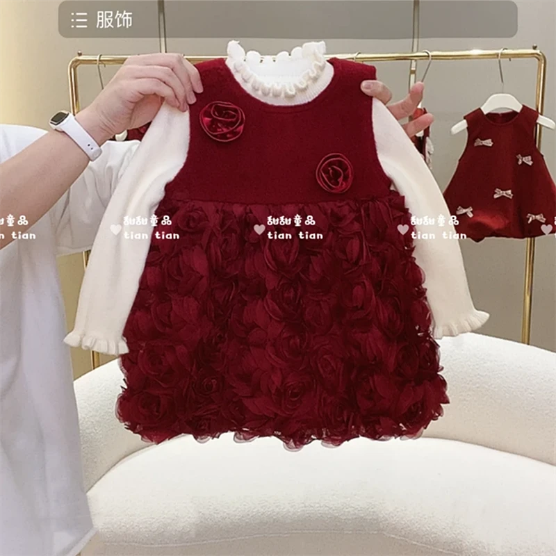 【新年战袍】潮童加绒过年服女童加绒背心裙周岁洋气甜美玫瑰公主裙