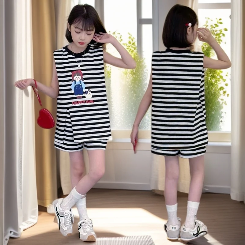 儿童女童洋气时尚亲子休闲夏季条纹韩版女孩宽松中大童假两件无袖