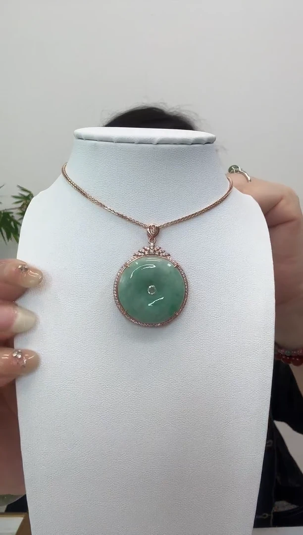 翡翠银S925镶嵌吊坠(赠链)平安扣玫瑰边