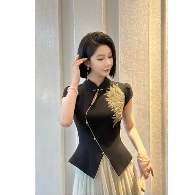 格娜新中式气质套装夏季刺绣设计感洋气衣服百搭上衣纱裙裤子套装