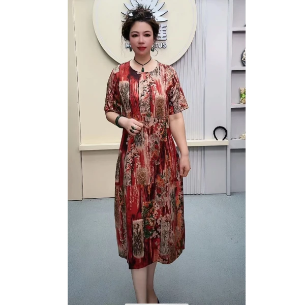 121 高端轻奢时尚洋气中长款连衣裙复古印花显瘦气质女士长裙