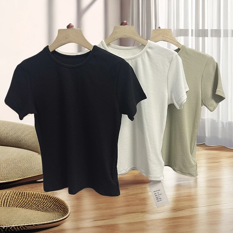 3018常规百搭纯色螺纹吸汗T恤半袖内搭韩版显瘦紧身圆领