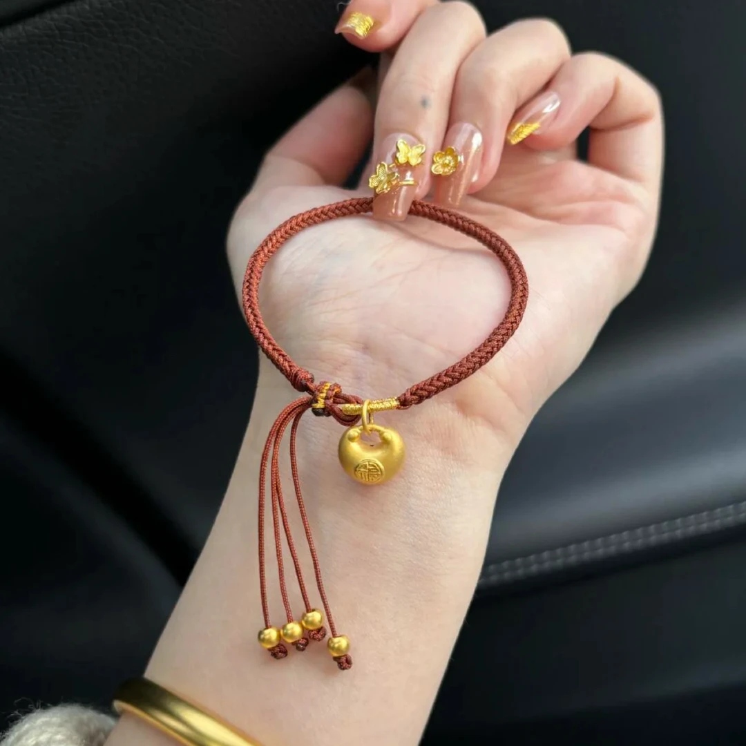 铜合金布艺手链 2025新款本命年红绳小胖福手链女精致可调节编绳