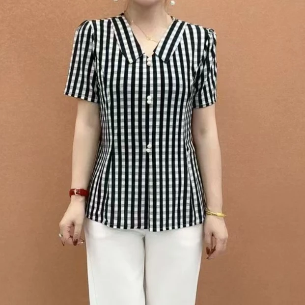 简约百搭格子衬衣2025夏季新款时尚妈妈洋气修身减龄印花短袖T恤