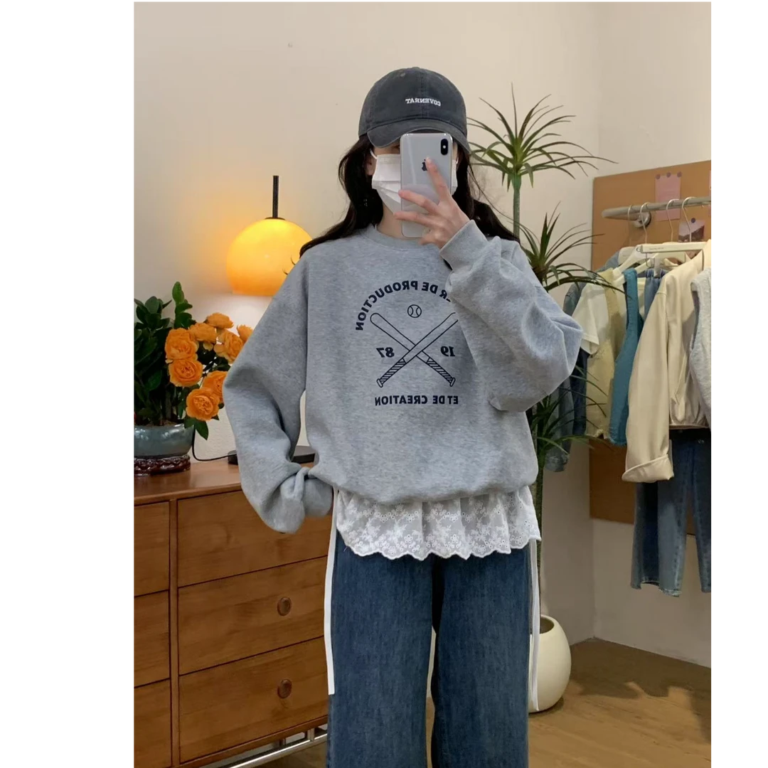 韩系灰色卫衣新款女设计感小众学院风小个子复古印花短款（216）