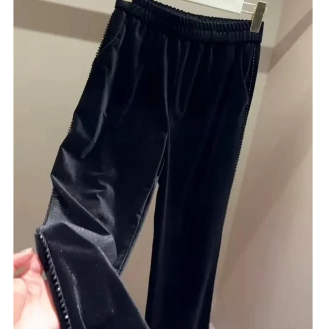 678 洋气休闲松紧腰丝绒阔腿裤时髦弹力