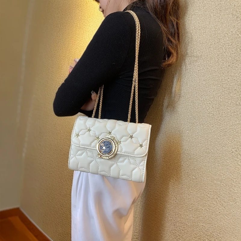 2025新款小众设计百搭时尚小方包星空单肩斜挎链条包女白色2051