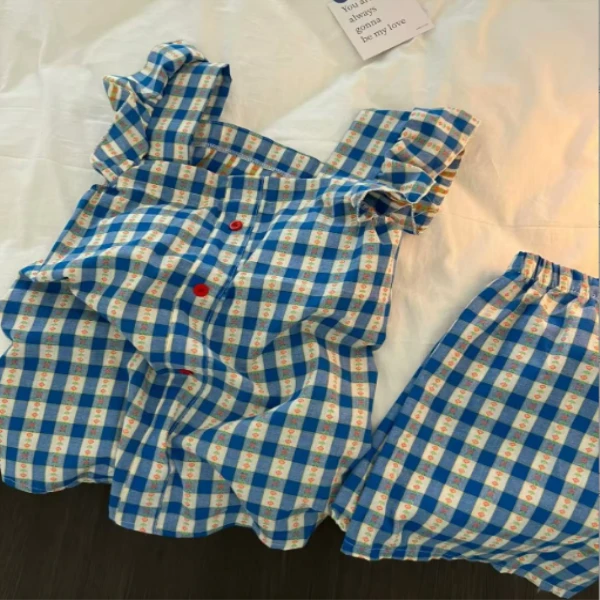 夏季新款蓝格小飞袖三件套带杯垫睡衣方领云朵绵柔透气女套装2259