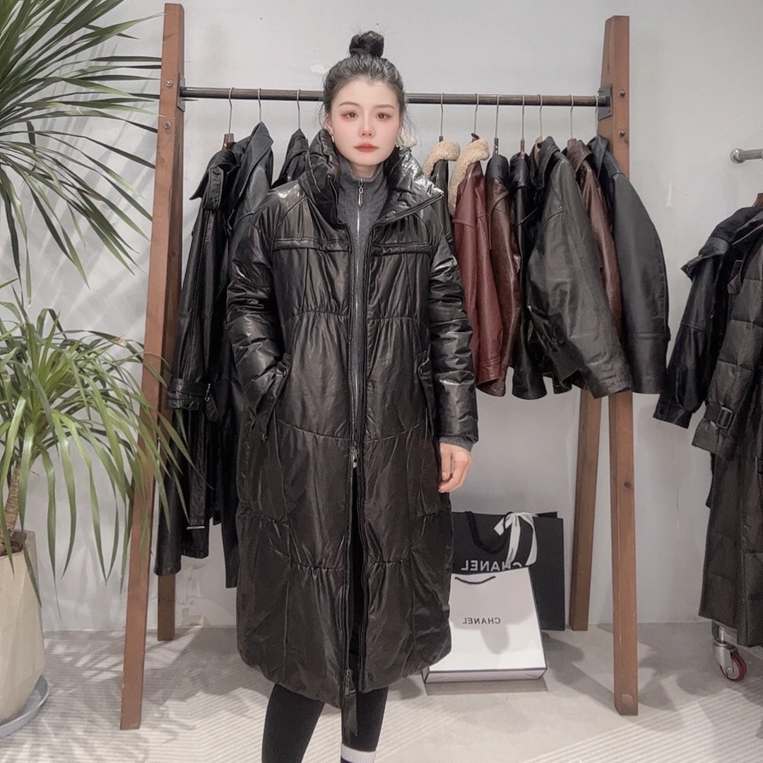 程程 595816复古油蜡牛皮头层牛皮长款外套冬季女装长款