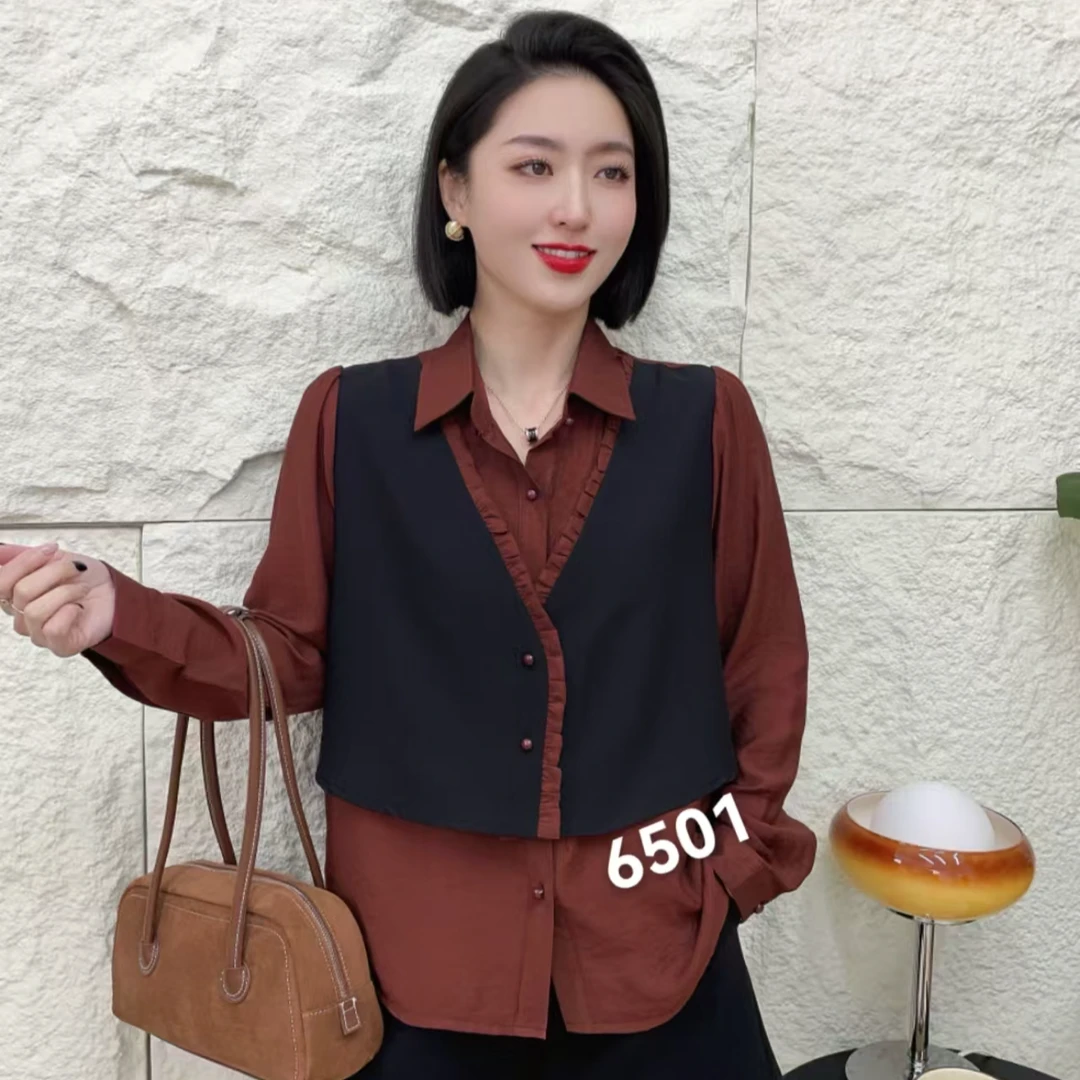 2025年春季新款假两件马甲衬衫透气显瘦美拉德风时尚减龄上衣