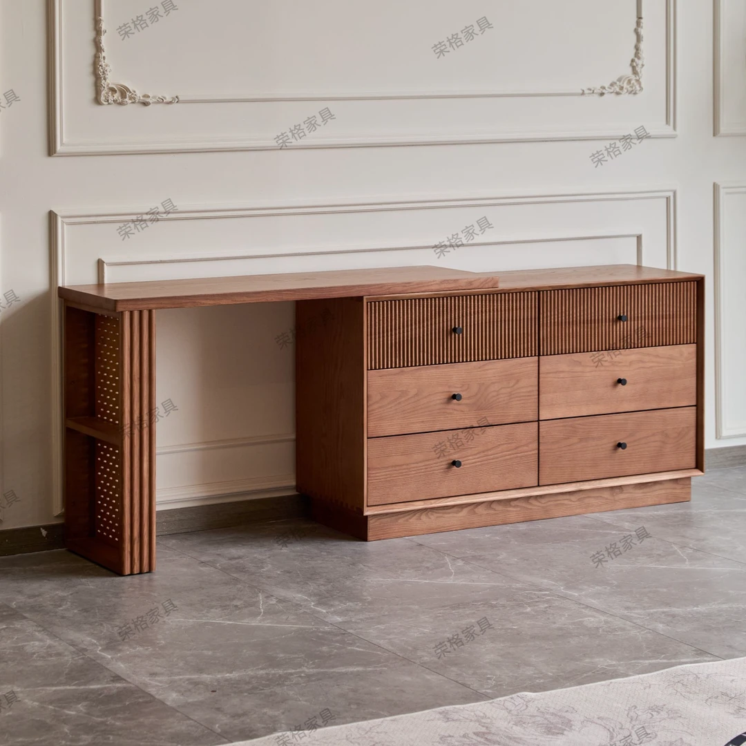 复古实木化妆桌原木斗柜梳妆台一体柜小户型中古风卧室床尾转角