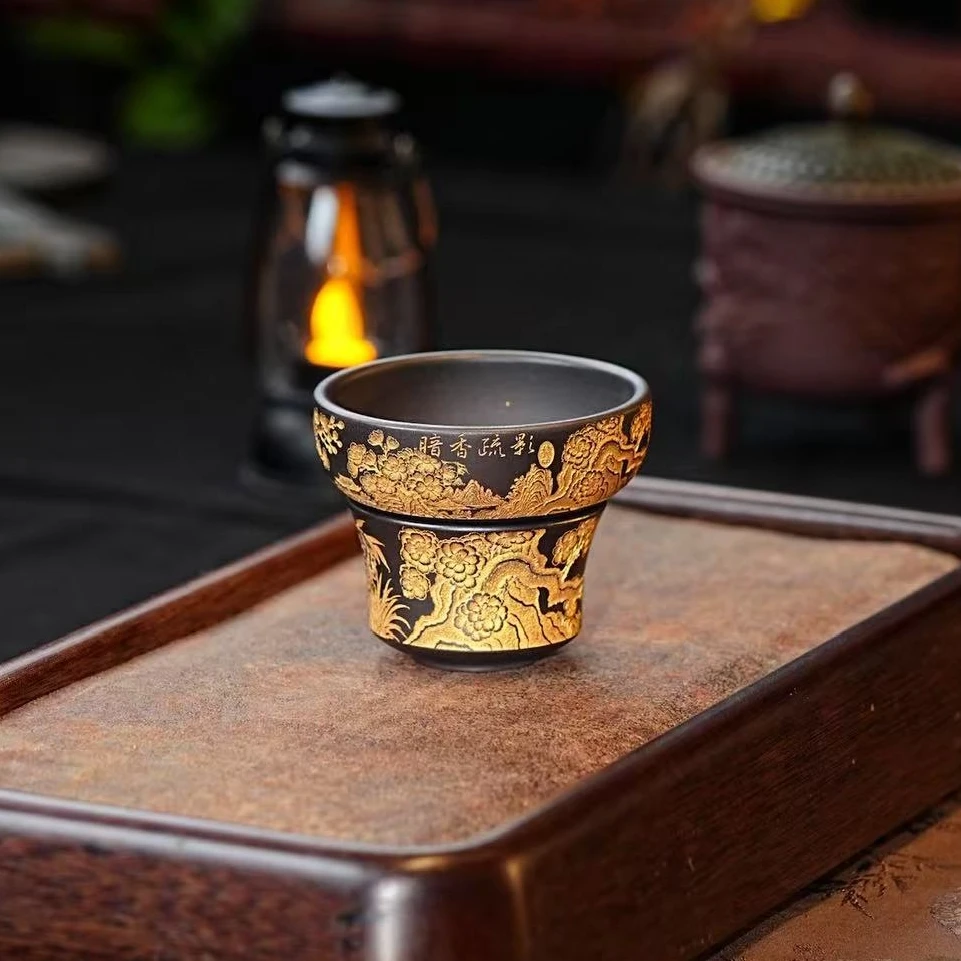宜兴全手工紫砂茶具 原矿紫砂石黄描金全手工刻绘暗香疏影茶漏