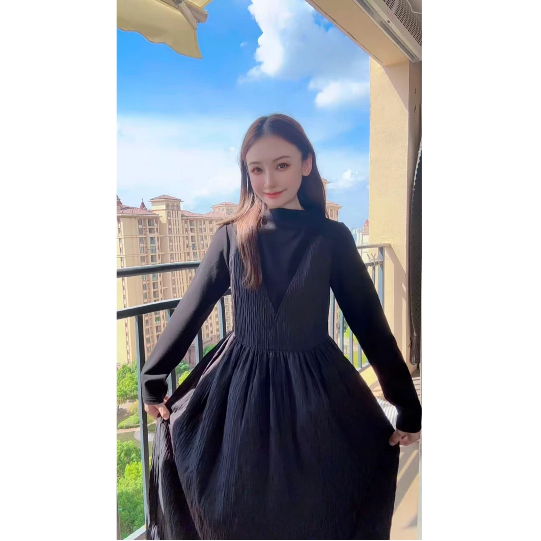 法式黑色长袖连衣裙两件套女2025秋冬新款收腰气质中长裙Q549194