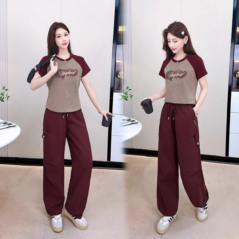 时尚休闲运动套装女士2025夏季新款洋气减龄短袖工装直筒裤两件套