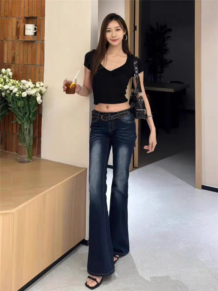 美式辣妹低腰微喇牛仔裤女春夏2025新款窄版修身弹力阔腿裤子