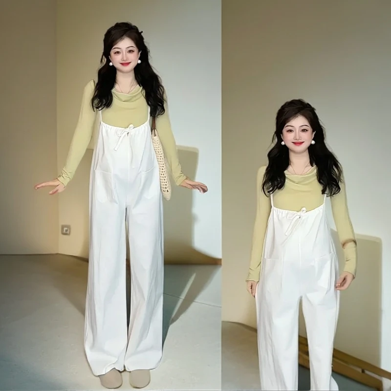 新款孕妇背带裤2025春秋季长袖圆领纯色上衣气质百搭设计感两件套