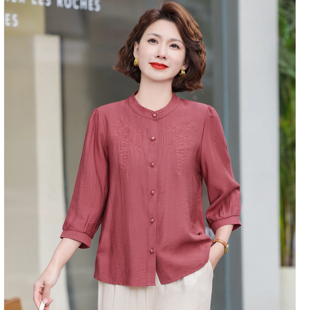 2025新款圆领衬衫妈妈装春夏七分袖上衣服洋气中老年女装夏装小衫