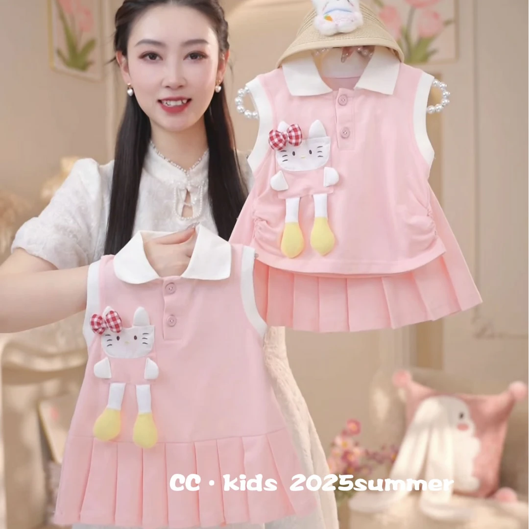 儿童装女童夏季款粉色卡通休闲学院风polo衫套装+百褶连衣裙25308