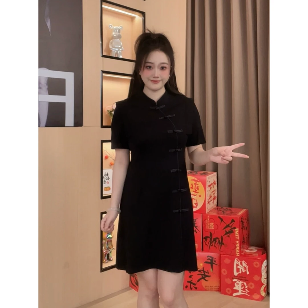 LuLu微胖定制~【岁岁与共】时尚复古新中式国风显瘦小黑裙 LHC1069