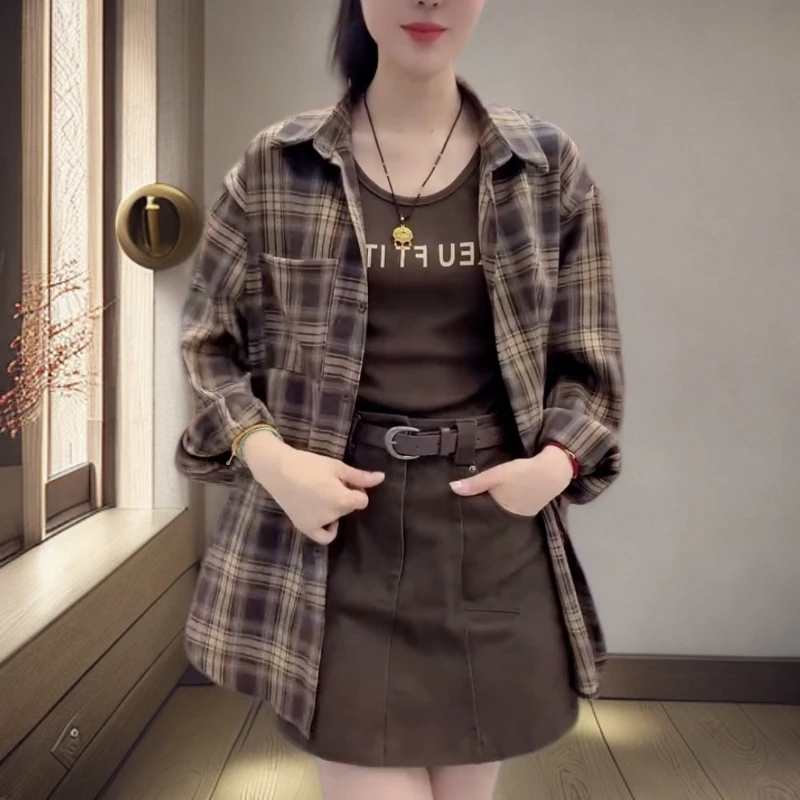 欧式衬衫复古格纹长袖气质上衣两件套秋季新款洋气百搭背心衬衫潮