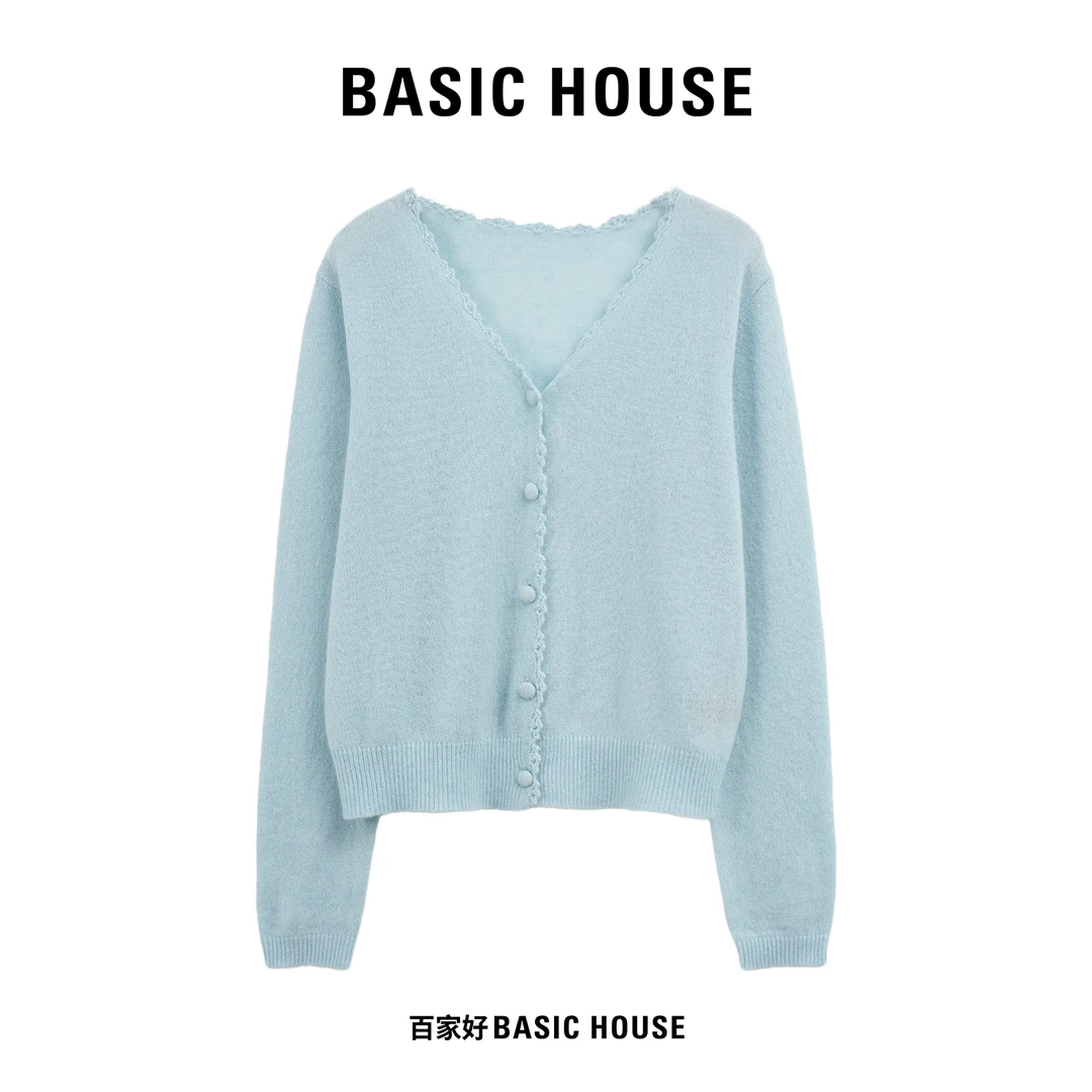 Basic House/百家好2025秋V领设计师单排扣温柔百搭针织衫P022 MM