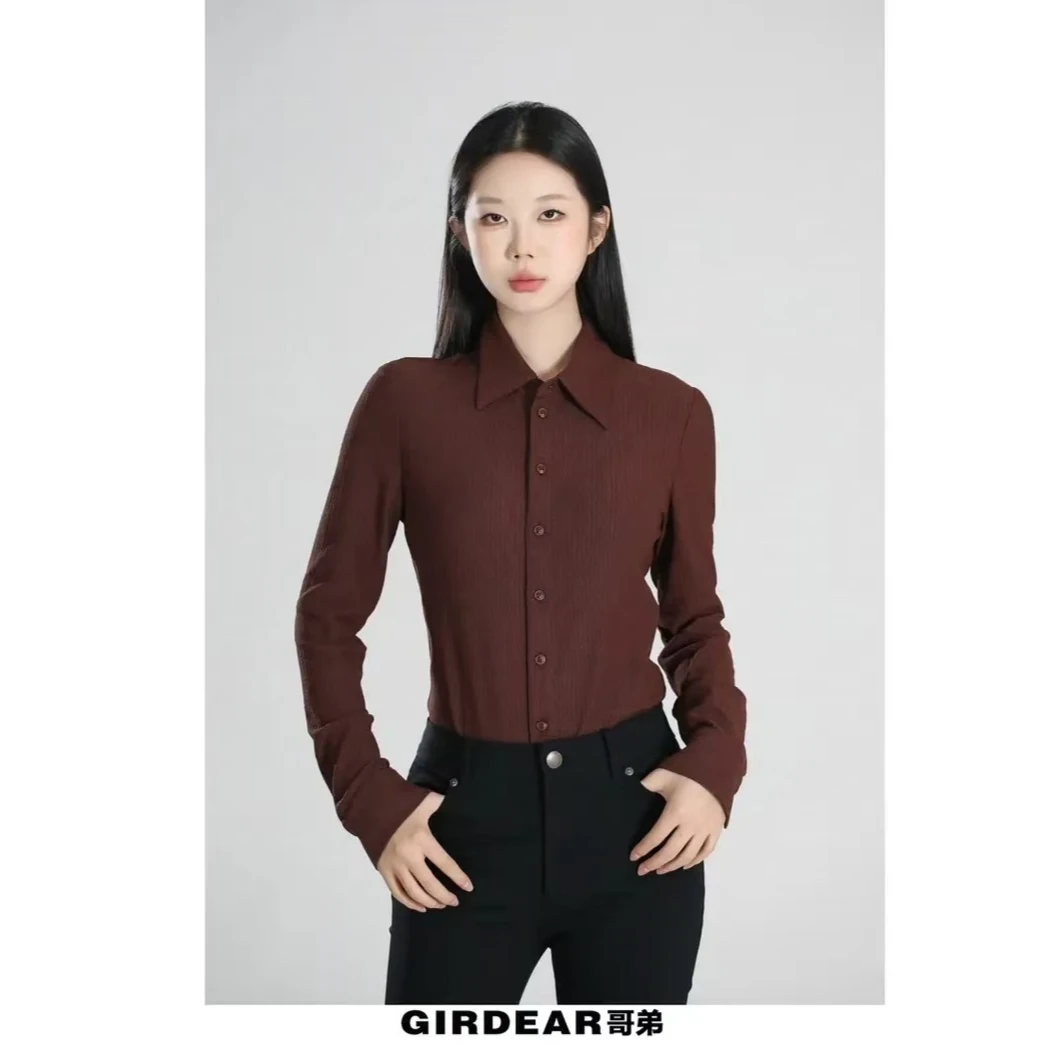 GIRDEAR/哥弟1301038 新款时尚简约百搭水波纹肌理感翻领弹力衬衫