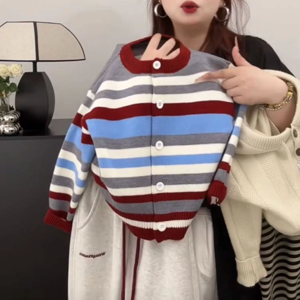 男童秋季开衫外套秋冬彩色条纹针织衫春装儿童毛衣时尚洋气外套
