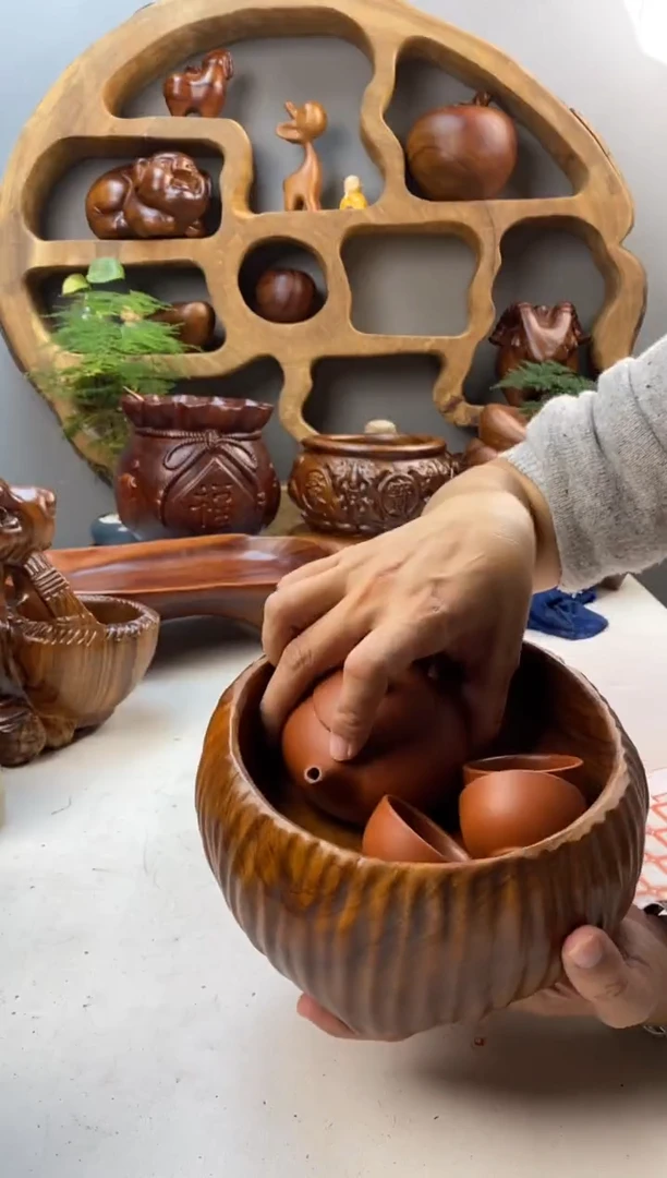 香樟木A36竖条纹圆钵/尺寸