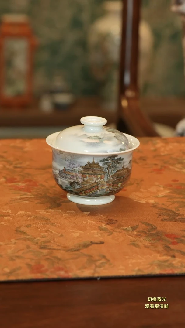 手绘粉彩梁园盛景岩茶盖碗