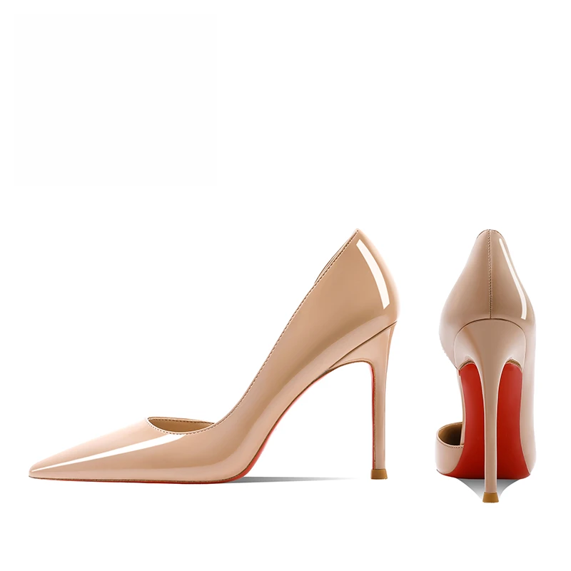 春夏季爆款裸色高跟鞋女细跟红底侧空尖头气质漆皮浅口单鞋女绝美