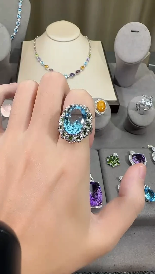 银S925镶嵌戒指托帕石12*16mm戒指高级款