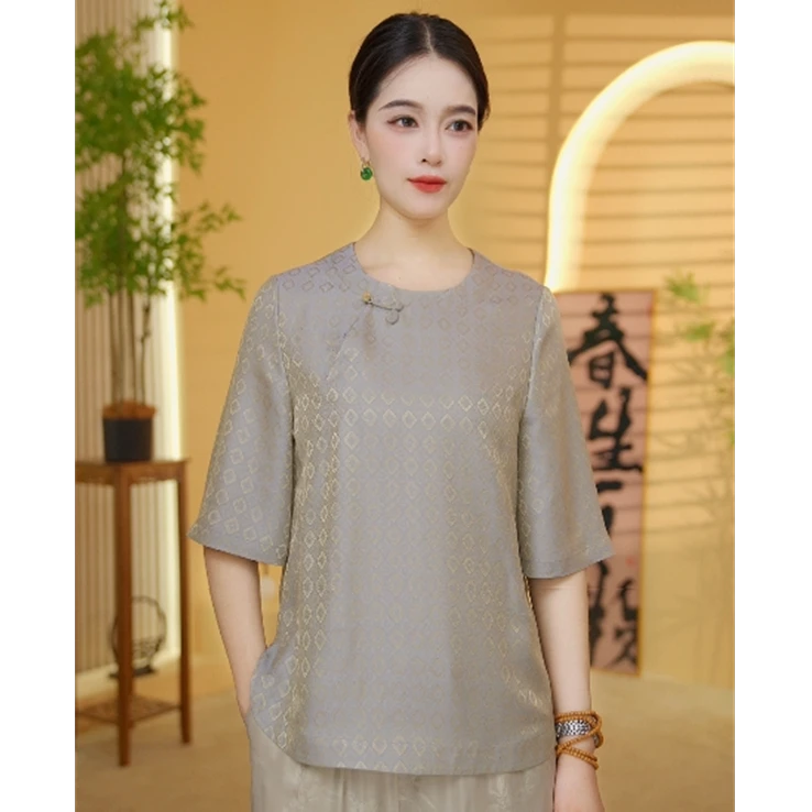茉莉 新中式国风  春夏时尚圆领衬衫  71225 M