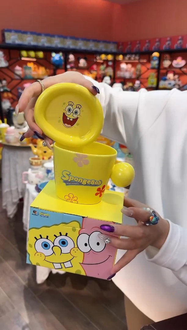 瓷片@@海绵宝宝陶瓷早餐杯带盖碟